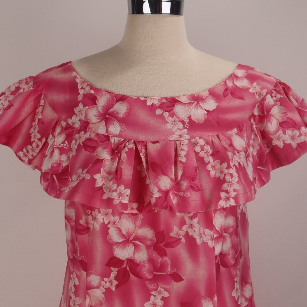 🌺 Vtg Pink Floral Hawaiian Handmade Ruffled Caftan Maxi Dress MuuMuu Resort L - Picture 3 of 6